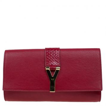 Pre Owned Saint Laurent Paris Red Leather and Python Large Chyc Clutch
