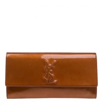 Pre Owned Saint Laurent Paris Cognac Patent Leather Belle De Jour Flap Clutch
