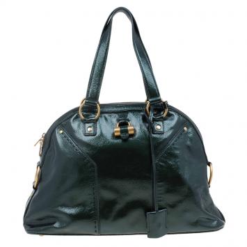 Pre Owned Saint Laurent Paris Dark Green Patent Medium Muse Tote