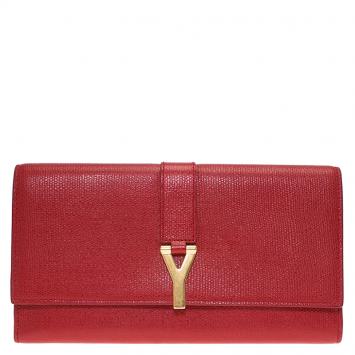 Pre Owned Saint Laurent Paris Red Leather Y Line Continental Wallet