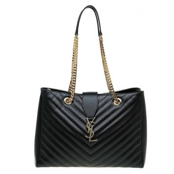 Pre Owned Saint Laurent Paris Black Matelasse Leather Cassandre Shopper Tote