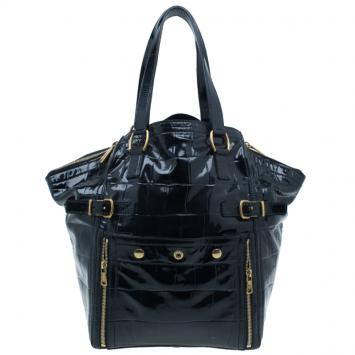 Pre Owned Saint Laurent Paris Black Croc Embossed Patent Leather Medium Downtown Tote