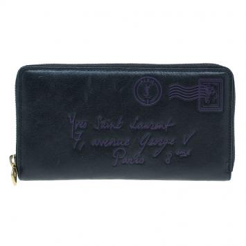 Pre Owned Saint Laurent Paris Black Y-Mail Patent Zip Wallet 