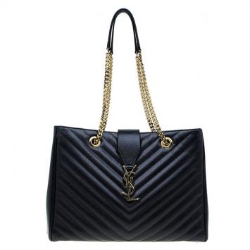 Pre Owned Saint Laurent Paris Black Matelasse Leather Cassandre Shopper Tote
