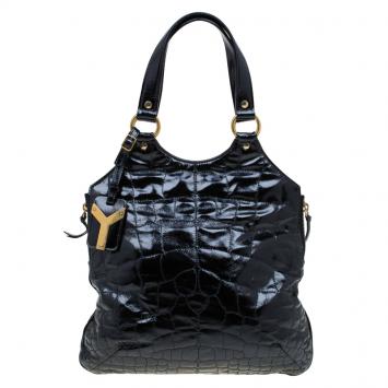 Pre Owned Saint Laurent Paris Black Glazed Leather Croc Embossed Small Tribute Tote