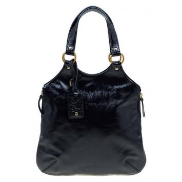 Pre Owned Saint Laurent Paris Black Glazed Leather Tribute Tote
