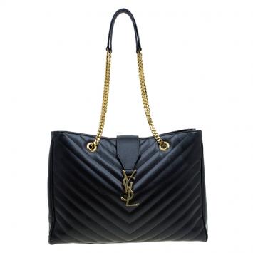 Pre Owned Saint Laurent Paris Black Matelasse Leather Cassandre Shopper Tote