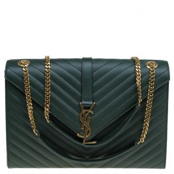 Pre Owned Saint Laurent Paris Green Matelasse Leather Large Cassandre Flap Bag