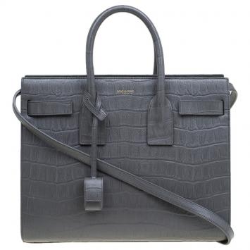 Pre Owned Saint Laurent Paris Grey Croc Embossed Leather Small Classic Sac De Jour Tote
