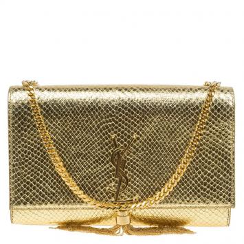 Pre Owned Saint Laurent Paris Gold Python Embossed Leather Medium Tassel Crossbody Bag