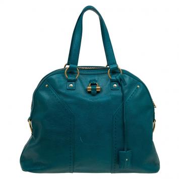 Pre Owned Saint Laurent Paris Pine Green Leather Medium Muse Tote