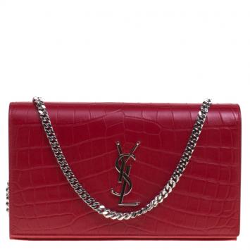 Pre Owned Saint Laurent Paris Red Croc Embossed Leather Wallet on Chain