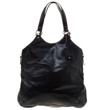Pre Owned Saint laurent Paris Black Lizard Embossed Patent Leather Large Tribute Tote