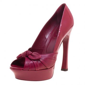 Pre Owned Saint Laurent Paris Cherry Red Leather Palais B 105 Peep Toe Bow Platform Pumps Size 40