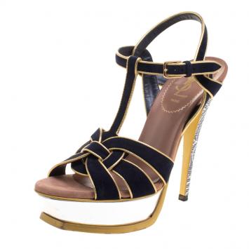 Pre Owned Saint Laurent Paris Navy Blue Suede And Printed Python Tribute Platform Sandals Size 38