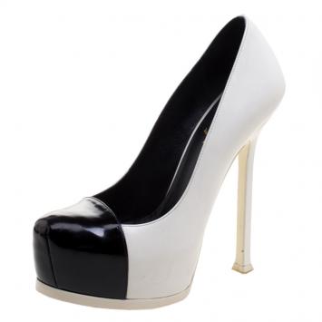 Pre Owned Saint Laurent Paris Monochrome Cap Toe Tribtoo Platform Pumps Size 36.5