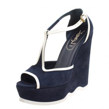 Pre Owned Saint Laurent Paris Blue Suede Riviera T-Strap Platform Wedges Size 38