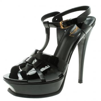 Pre Owned Saint Laurent Paris Black Patent Leather Tribute Platform Sandals Size 39