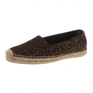 Pre Owned Saint Laurent Paris Leopard Print Brushed Suede Espadrilles Size 37