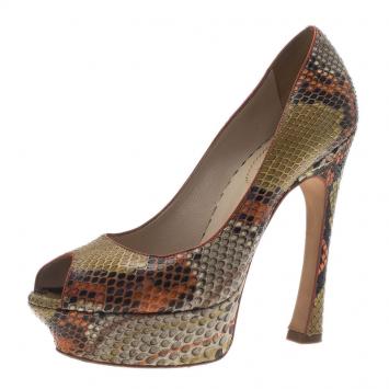 Pre Owned Saint Laurent Paris Orange Roccia Python Palais Peep Toe Pumps Size 37
