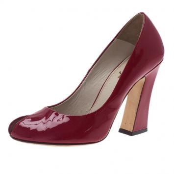 Pre Owned Saint Laurent Paris Red Patent Block Heel Peep Toe Pumps Size 37.5