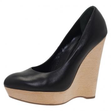 Pre Owned Saint Laurent Paris Black Leather Maryna Wedge Pumps Size 37.5