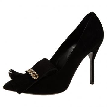 Pre Owned Saint Laurent Paris Black Suede Chain Detail Fringe Pumps Size 37