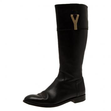 Pre Owned Saint Laurent Paris Black Leather Y Logo Riding Boots Size 37.5 