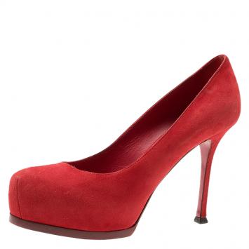 Pre Owned Saint Laurent Paris Red Suede Tribtoo Platform Pumps Size 39