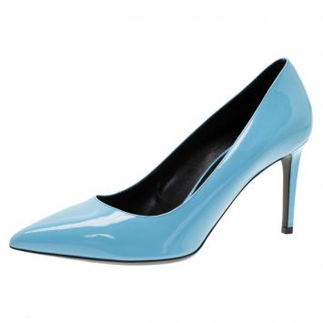 Pre Owned Saint Laurent Paris Blue Patent Skinny Pointed Toe Pumps Size 40