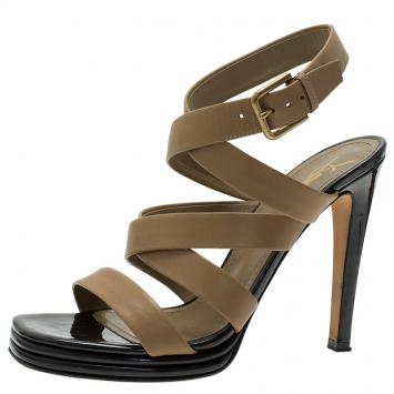 Pre Owned Saint Laurent Paris Beige Leather Montaig 105 Strappy Sandals 38.5