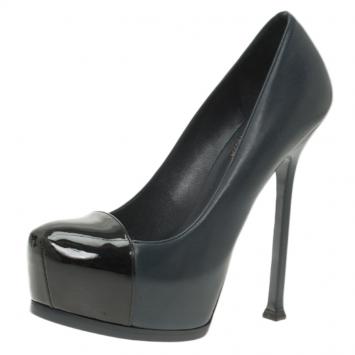 Pre Owned Saint Laurent Paris Navy Blue Leather and Black Patent Cap Toe Tribtoo Platform Pumps Size 37.5