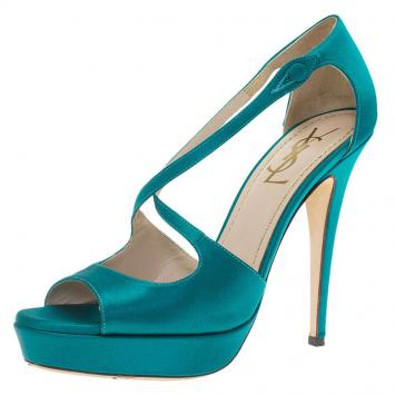 Pre Owned Saint Laurent Paris Turquoise Satin Tribute Cross Strap Platform Sandals Size 38.5
