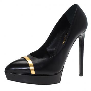 Pre Owned Saint Laurent Black Janis Trimmed Cap Toe Pumps Size 37