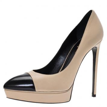 Pre Owned Saint Laurent Paris Beige Leather Black Patent Cap Toe Janis Pumps Size 41