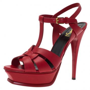 Pre Owned Saint Laurent Paris Red Leather Tribute Platform Sandals Size 39