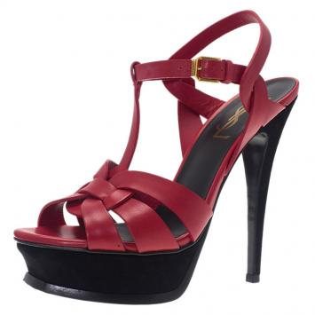 Pre Owned Saint Laurent Paris Red Leather Tribute Platform Sandals Size 36