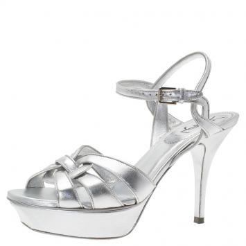 Pre Owned Saint Laurent Paris Silver Leather Tribute Platform Sandals Size 38.5