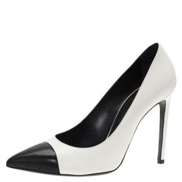 Pre Owned Saint Laurent Paris Two Tone Leather Cap Toe Pointed Pumps Size 41