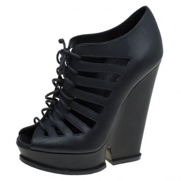 Pre Owned Saint Laurent Paris Black Leather Cut Out Hortense Wedge Boots Size 39.5