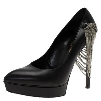 Pre Owned Saint Laurent Paris Black Leather Janis Chain Heel Platform Pumps Size 37.5