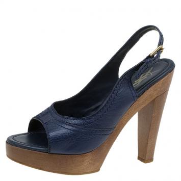 Pre Owned Saint Laurent Paris Blue Leather Peep Toe Slingback Sandals Size 38