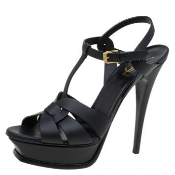 Pre Owned Saint Laurent Paris Black Leather Tribute Platform Sandals Size 40