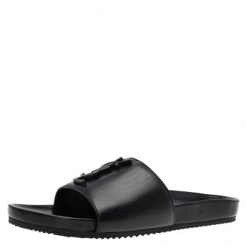 Pre Owned Saint Laurent Paris Black Leather Slides Size 38.5