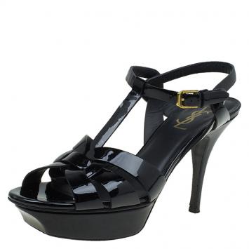 Pre Owned Saint Laurent Paris Black Patent Tribute Platform Sandals Size 38.5