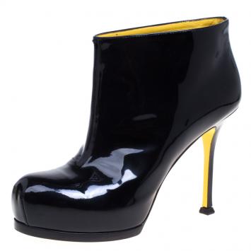 Pre Owned Saint Laurent Paris Black Patent Tribute Platform Ankle Boots Size 37