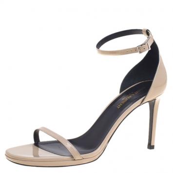 Pre Owned Saint Laurent Paris Beige Patent Leather Jane Ankle Strap Sandals Size 39