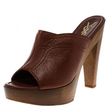 Pre Owned Saint Laurent Paris Brown Leather Wooden Mules Size 40