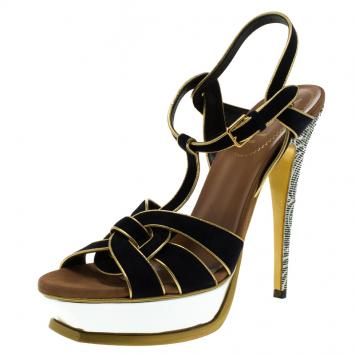 Pre Owned Saint Laurent Paris Navy Blue Suede And Printed Python Tribute Platform  Sandals Size 41.5
