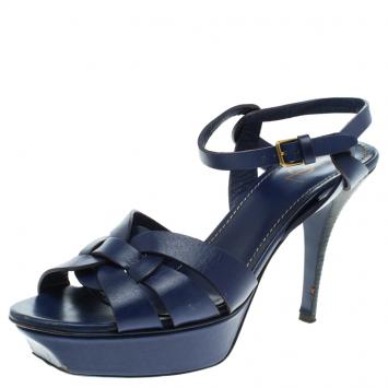 Pre Owned Saint Laurent Paris Cobalt Blue Leather Tribute Platform Sandals Size 41